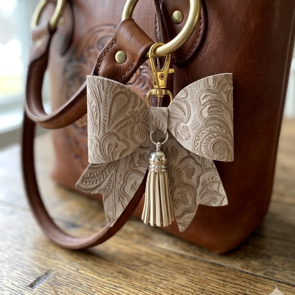 Taupe Embossed Faux Leather and Tassel Bag Charm Key Chain